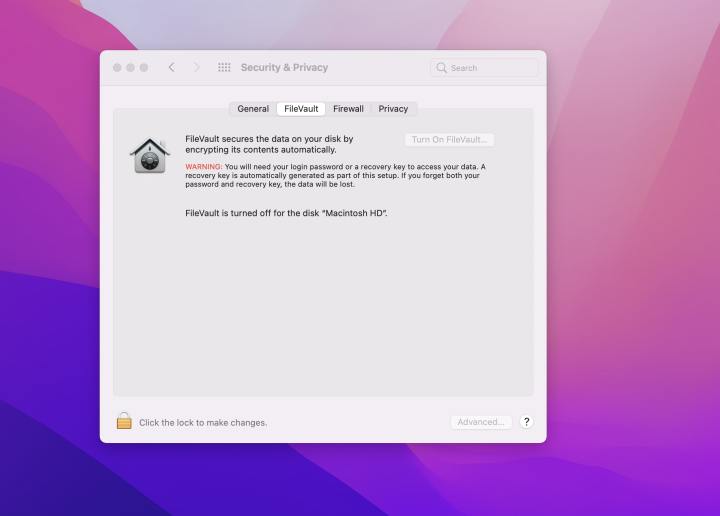 File Vault in MacOS Settings Page.