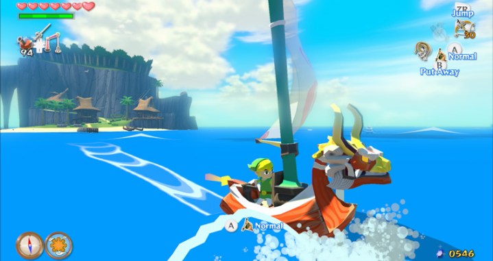 Link sails on his ship in The Legend of Zelda: Wind Waker.