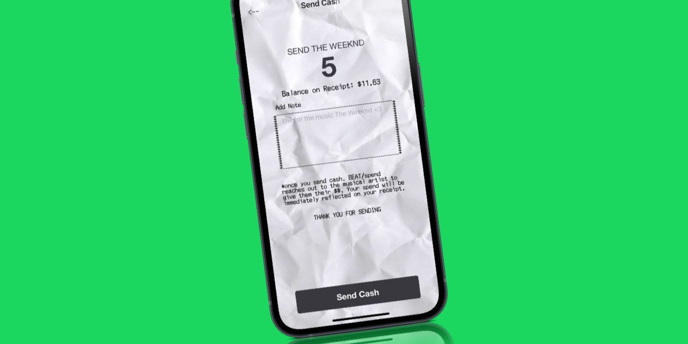 Beatspend for Spotify showing the Send Cash screen on an iPhone