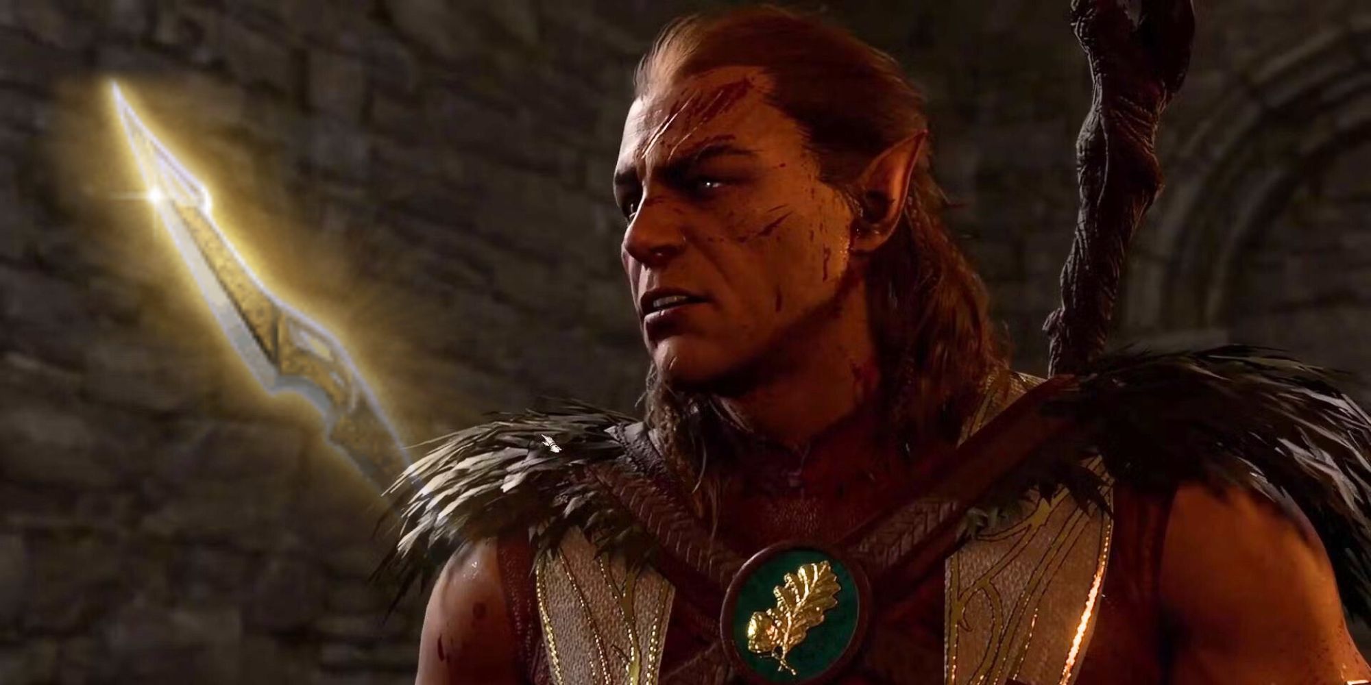 A picture of Halsin with the Glaive Sorrow next to him in Baldur's Gate 3