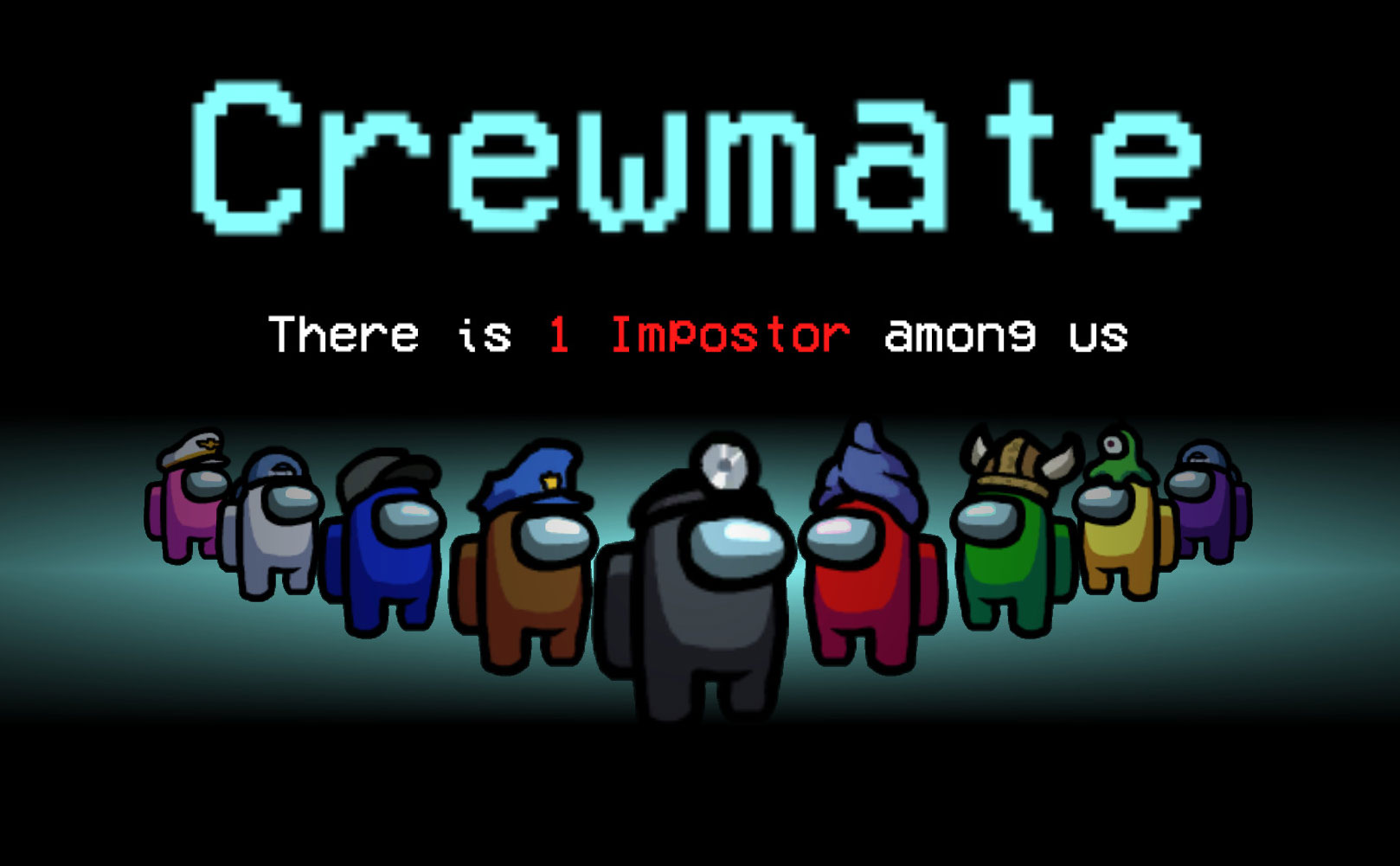 A still of nine Among Us players under a banner reading 'Crewmate: There is 1 Impostor among us.'