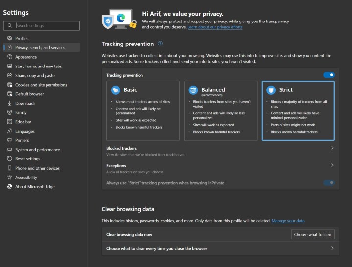 Privacy settings in Microsoft Edge